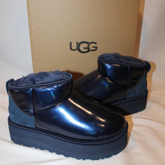 NIB UGG ULTRA MINI WOMEN'S PUFFER PLATFORM METALLIC‎ BLUE BOOTS - Picture 1 of 9